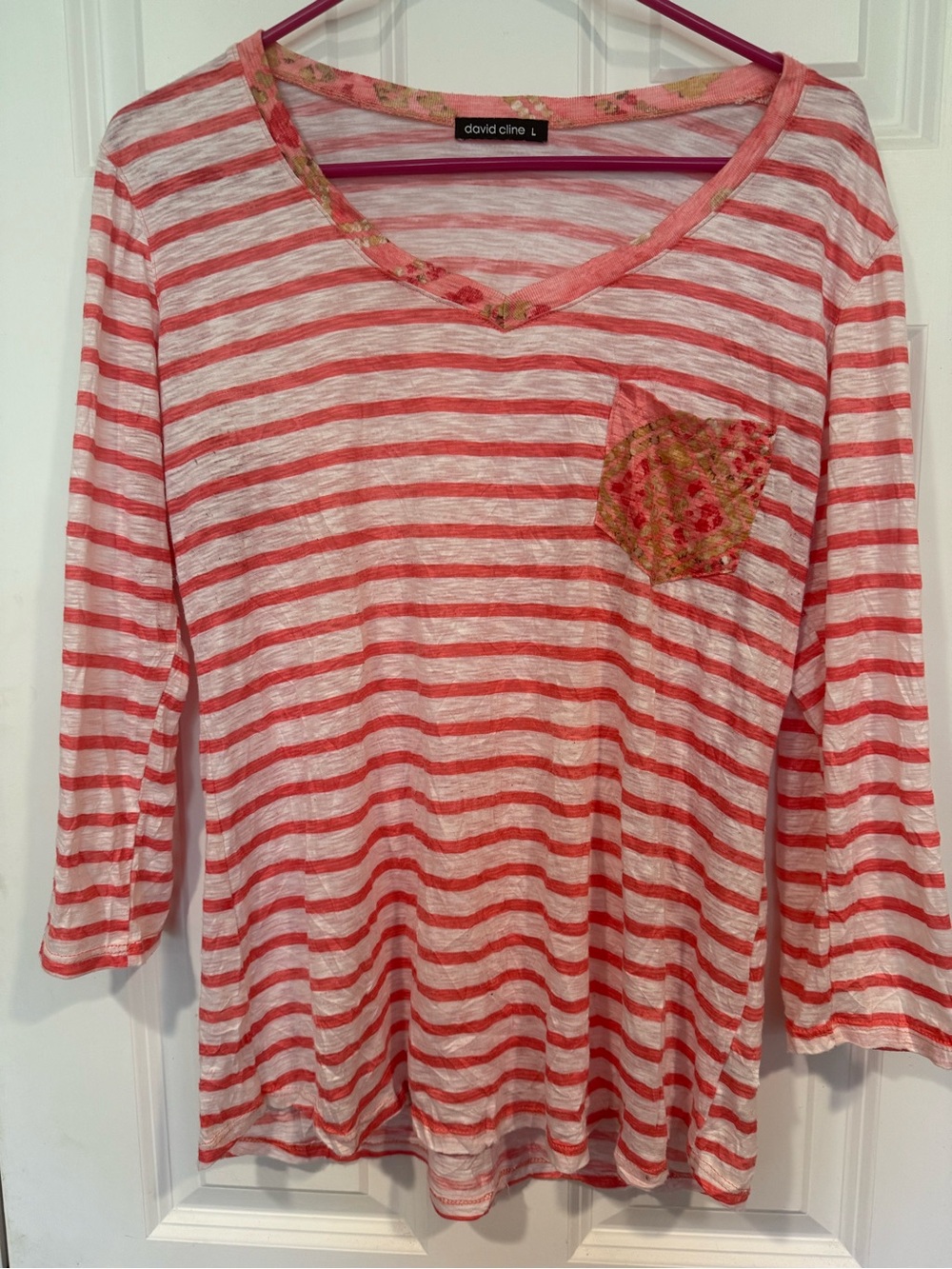 David Cline Coral and White Striped V-Neck Tee with Floral Trim